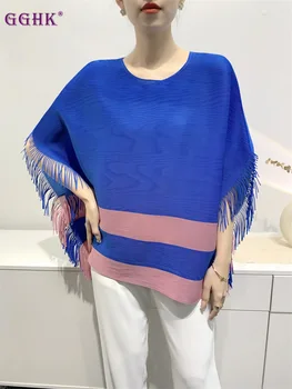 GGHK 2023 Летняя плиссированная футболка с кисточками, свободная тонкая блузка с цветными блоками, женская одежда корейского дизайнера в пригородном стиле, эстетичная одежда