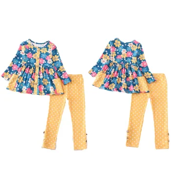 Осенне-зимняя одежда для маленьких девочек Girlymax, комплект брюк с длинными рукавами и цветочными оборками в горошек