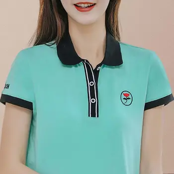 Женская хлопковая футболка с коротким рукавом, летняя новая свободная женская рубашка-поло с отложным воротником, повседневные спортивные рубашки-поло с вышивкой