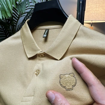 Роскошная брендовая Мужская рубашка поло из 100% хлопка 2023, летняя Мужская футболка с вышивкой в виде головы тигра, Корейская повседневная мужская одежда