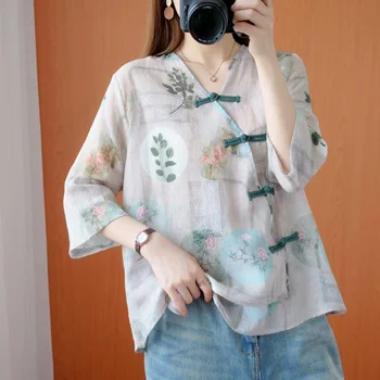 Китайская роспись тушью по фэн-шуй, женская художественная рубашка с V-образным вырезом, весна-лето, хлопковая льняная рубашка на пуговицах, топ