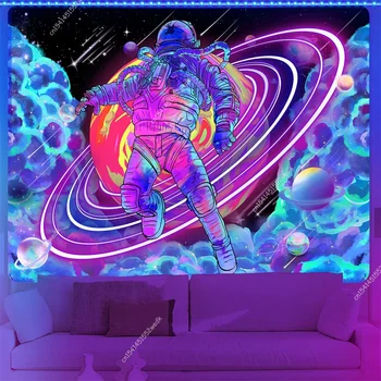 Blacklight, Гобелен с астронавтом, реагирующий на ультрафиолетовое излучение, Настенный Красочный Вселенский флуоресцентный гобелен, Эстетичный декор комнаты