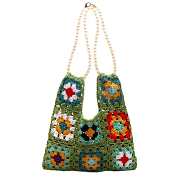 Женская решетчатая вязаная сумка в этническом стиле, вязаная крючком хозяйственная сумка, богемная летняя пляжная сумка с выдалбливающимся жемчужным ремешком