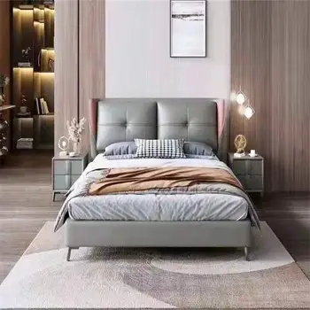 Кожаная мягкая кровать в итальянском минималистичном стиле, роскошная двойная кожа арт