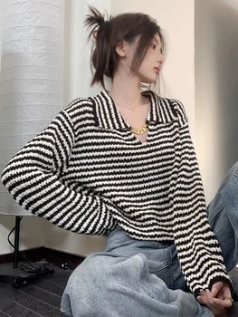 Женский свитер в черно-белую полоску, Корейский стильный трикотаж с длинным рукавом, женский повседневный Свободный дизайн с цепочкой, женский вязаный пуловер