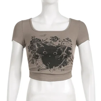 Трикотажная футболка с квадратным вырезом и принтом кошки в стиле ретро с граффити, Модная футболка для пикантных девушек
