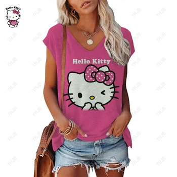Хелло Китти с принтом винтажные Женские футболки без рукава лето свободные мультфильм графический t рубашка 90-х годов верхней одежды