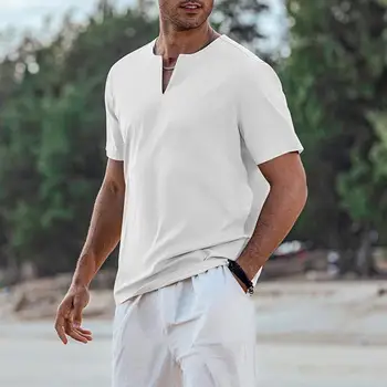 Мужская летняя футболка, Однотонный короткий рукав, V-образный вырез, Мягкий дышащий хлопковый льняной пуловер средней длины, повседневный повседневный пляжный топ