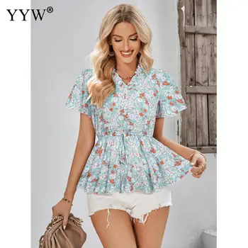 Женская футболка с цветочным принтом в стиле бохо, женские летние топы, модный повседневный корсет с пышными рукавами, женская пляжная футболка, дышащая ткань