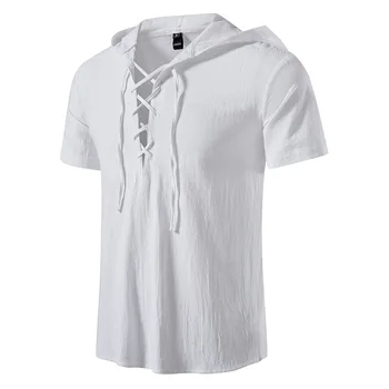Летняя новая мужская рубашка с V-образным вырезом, короткими рукавами, мужская футболка с капюшоном, повседневные мужские дышащие рубашки из хлопка и льна, уличная одежда