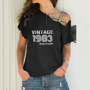 Винтаж 1983, оригинал, 40, Свободная футболка неправильной формы, женская Сексуальная футболка с косым вырезом, повседневные топы с перекрестной повязкой для женщин, подарок на 40-летие