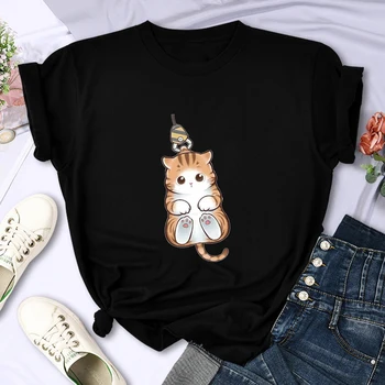 2023 Новая женская летняя освежающая дышащая футболка с круглым вырезом и милым котенком с коротким рукавом, Повседневная рабочая одежда, футболка с котенком
