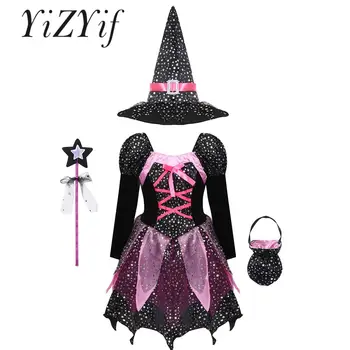 Детский костюм ведьмы на Хэллоуин для девочек, платье-пачка с длинными рукавами и принтом звезд, остроконечная шляпа, палочка, набор конфет, праздничный костюм для вечеринок