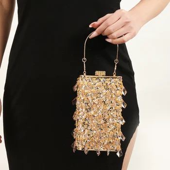 Стеклянные стразы Золотой клатч для вечеринок вечерние сумки Роскошные дизайнерские женские сумки Мини Квадратные сумки с кисточками