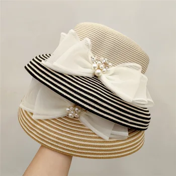 Летняя соломенная шляпа для женщин, широкие рыбацкие шляпы с бантом и гибкими полями, Женская Солнцезащитная панама, Уличная Складная пляжная солнцезащитная кепка
