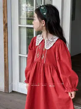 Осеннее Корейское издание 2023 года, повседневное Простое и милое платье с вышивкой для детей 110-150