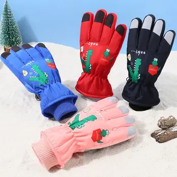 Толстые теплые детские лыжные перчатки, мультяшные ветрозащитные спортивные перчатки, зимние нескользящие водонепроницаемые варежки для детей 8-14 лет