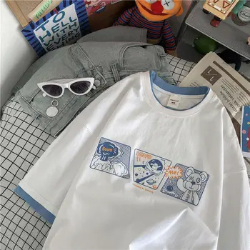 Корейская мода пэчворк Каваи Свободные Ulzzang Милая аниме футболка женская Поддельная одежда из двух частей мультяшные футболки Оверсайз женские