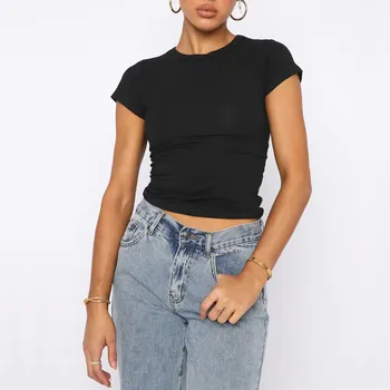 Женские летние короткие футболки, сексуальные топы, модная облегающая однотонная футболка с короткими рукавами и круглым вырезом, уличная одежда