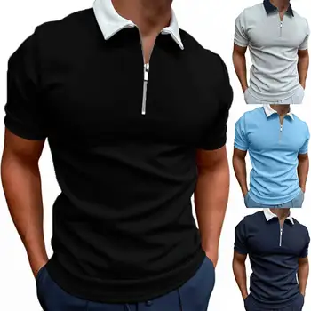 Мужские рубашки поло с отворотом на молнии, короткий рукав, лоскутные топы, тройники, мужские спортивные футболки для фитнеса, повседневная мужская одежда