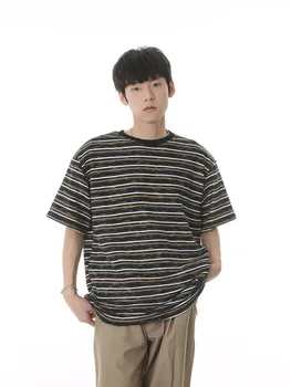 Новая мужская летняя свободная футболка в полоску в стиле арт-студента с коротким рукавом ins Tide