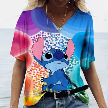 Женская летняя новая модная футболка с 3D-принтом Disney Stitch, женская футболка с V-образным вырезом, индивидуальный повседневный стиль