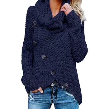 Трикотаж с длинными рукавами, новый пуловер с высоким воротом на пяти пуговицах, однотонный женский свитер