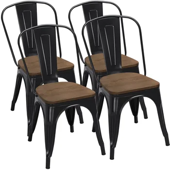 Металлические складные обеденные стулья с деревянным сиденьем, набор из 4 штук,