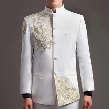 Свадебный жакет в китайском стиле, мужские вышиванки, Танская туника, пиджак, воротник-стойка, красный / белый