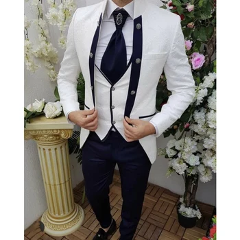 Сшитые на заказ Жаккардовые мужские костюмы с белым рисунком, 3 предмета, Приталенный деловой свадебный блейзер для жениха, повседневная одежда, куртка + брюки + жилет