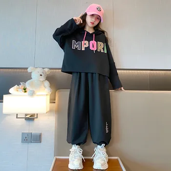 осенний комплект одежды для корейских девочек, свитер с буквами + спортивные брюки, из двух предметов, повседневная спортивная одежда для детей от 4 до 15 лет, детская одежда, костюм