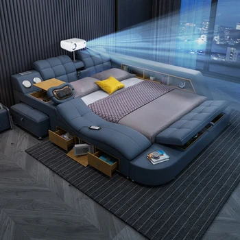 Технологичная кровать Smart из натуральной кожи, многофункциональные кровати с обивкой Ultimate Massage Camas с подсветкой, Bluetooth, динамик, проектор