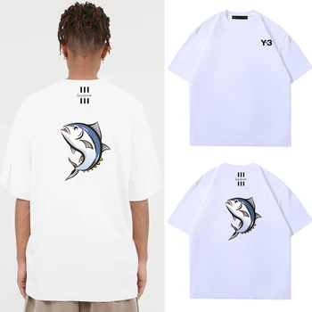Y-3 Ловля тунца Простой дизайн, модная футболка с круглым вырезом и коротким рукавом Y3 Trend, Универсальная мужская и женская футболка с круглым вырезом