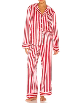Женский Рождественский пижамный комплект, Полосатая рубашка с длинным рукавом, брюки с эластичной резинкой на талии, пижамы для рождественских праздников, 2 шт., одежда для отдыха