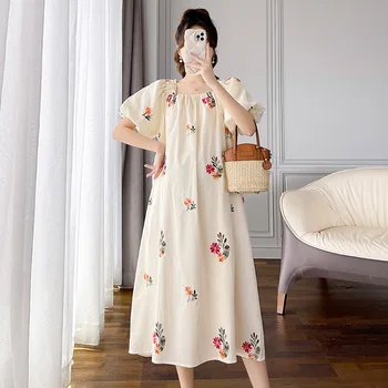 Милое Жаккардовое платье с квадратным вырезом и вышитыми рукавами-пузырями для беременных женщин