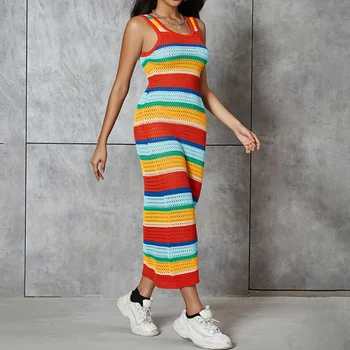 Летнее женское новое трикотажное платье контрастного цвета с высокой талией в пляжном стиле для отдыха, облегающее длинное платье без рукавов, размеры S-L
