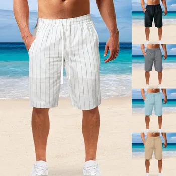 Повседневные шорты в полоску из хлопка и льна, мужские однотонные свободные дышащие шорты, пляжные повседневные шорты Ropa Hombre