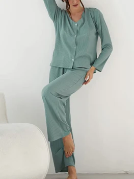 Пижама Linad Green Для женщин, комплекты из 2 предметов, трикотажная пижама с V-образным вырезом и длинным рукавом, женские повседневные брючные костюмы, осенняя пижама