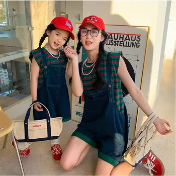 Одинаковая одежда для мамы и дочки, корейский стиль, лето 2023, новая модная рубашка без рукавов и джинсовые брюки, комплект из двух предметов