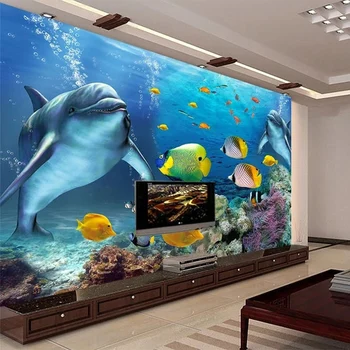 Пользовательские 3D-настенные обои Современный стерео подводный мир Фреска с дельфинами и животными Гостиная Детская спальня 3D Домашний декор