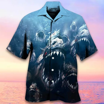 Гавайская Мужская Рубашка С Коротким Рукавом Piranha 3D Printed Пляжная Рубашка С Отворотом Мужская Индивидуальность Страшная Рубашка