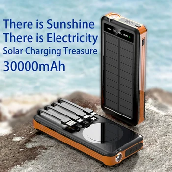 Портативный солнечный аккумулятор емкостью 30000mAh с беспроводной зарядкой, два порта USB, встроенные кабели, со светодиодной подсветкой, для мобильного телефона, ноутбука