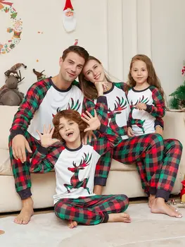 Рождественские пижамы, подходящая для семьи одежда, костюм 2024, Рождество, Новый Год, Комплект для взрослых и детей в клетку с рисунком Лося, Детский комбинезон, Семейные пижамы