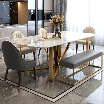 Светлый Роскошный мраморный обеденный стол, минималистичная мебель, золотой дизайн основания из нержавеющей стали, высококачественный прямоугольный стол и шесть стульев