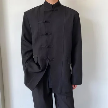 Осень 2023 года, индивидуальный дизайн стоячего воротника и пряжки, мужской повседневный костюм со свободной пряжкой, черные блейзеры для мужчин M-XL