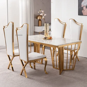 современные легкие роскошные обеденные стулья Кожаное кресло с высокой спинкой, мебель для столовой, домашний стул с акцентом на ножках из нержавеющей стали и золота Z
