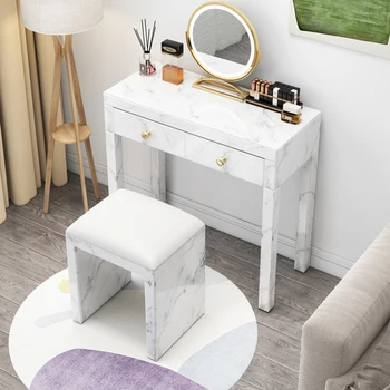 Белый туалетный столик, туалетный столик из закаленного стекла, Туалетный столик с мягким табуретом для гостиной, мебель для спальни