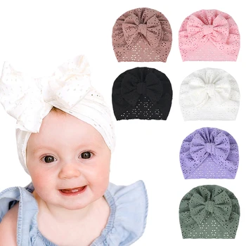Милая детская шапочка с бантиком, однотонный тюрбан для девочек, мягкая шапочка для новорожденных, шапочки, повязка на голову, детский головной убор