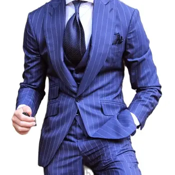 Сшитые на заказ мужские костюмы из 3 предметов, блейзер, брюки, приталенная деловая одежда в синюю полоску, смокинги жениха для официальной свадьбы, жакет, брюки, жилет