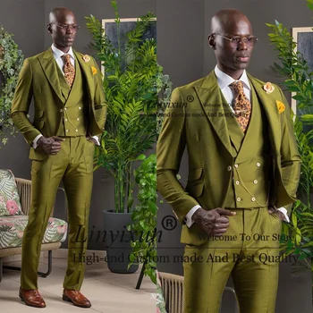Оливково-зеленые мужские свадебные костюмы, комплекты из 3 предметов, смокинги для жениха, Классические официальные мужские блейзеры, одежда, Приталенная деловая мужская одежда